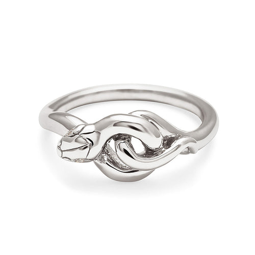 A serpent band with white diamonds for eyes set in white gold., White Gold