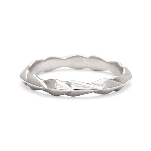 A straight band with leaf like definition set in white gold., White Gold