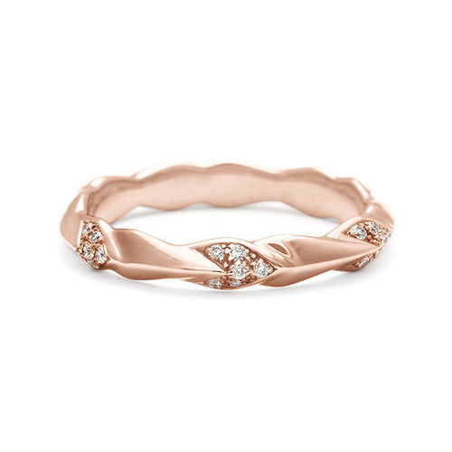 A straight band with leaf like definition with white diamond accents set in rose gold., Rose Gold