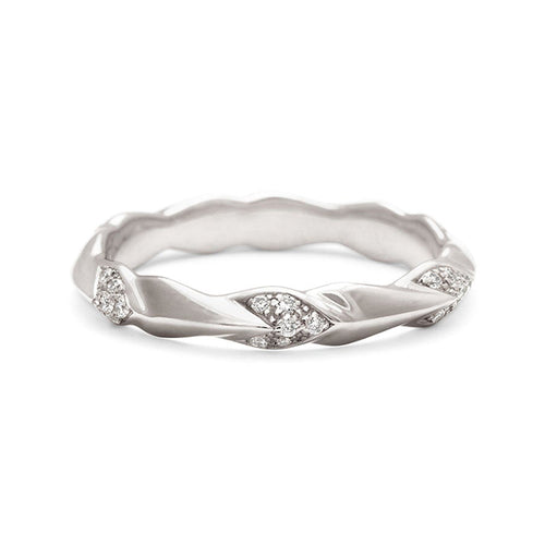 A straight band with leaf like definition with white diamond accents set in white gold., White Gold