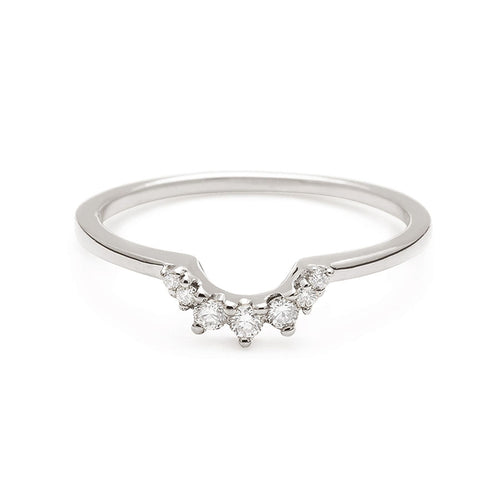 A curved 7 tiny white diamond band set in white gold., White Gold