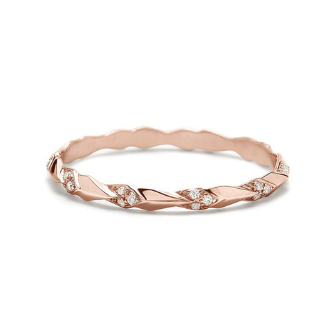 A tiny straight band with leaf like definition with white diamond accent stones set in rose gold., Rose Gold 2