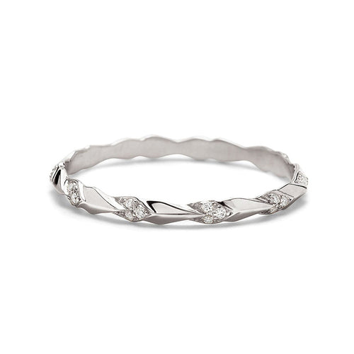 A tiny straight band with leaf like definition with white diamond accent stones set in white gold., White Gold