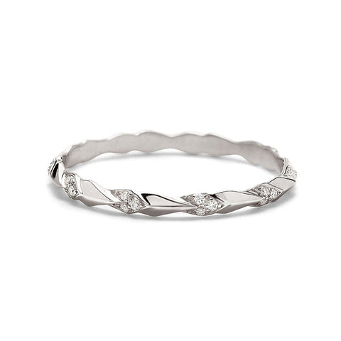 A tiny straight band with leaf like definition with white diamond accent stones set in white gold., White Gold 3