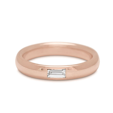 A 4mm classic round band with a white diamond baguette stone set in rose gold, Rose Gold