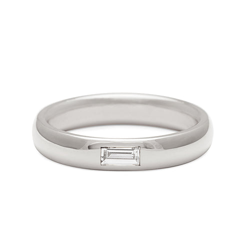 A 4mm classic round band with a white diamond baguette stone set in white gold, White Gold 3