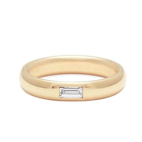 A 4mm classic round band with a white diamond baguette stone set in yellow gold, Yellow Gold 2