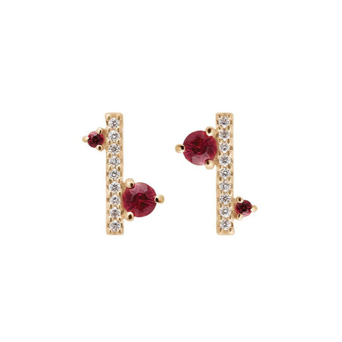A pair of straight line of white diamond pave with ruby accent stones on either side earrings set in yellow gold., Yellow Gold 2