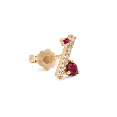 An angled view of a single straight line of white diamond pave with ruby accent stones on either side earrings set in yellow gold., Yellow Gold 3