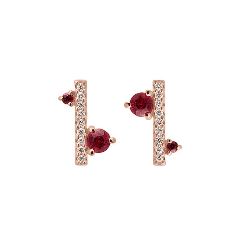 A pair of straight line of white diamond pave with ruby accent stones on either side earrings set in rose gold., Rose Gold