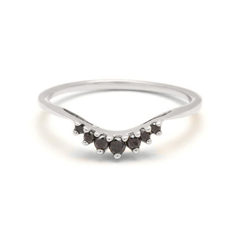A curved band with 7 black diamonds in ascending and descending size set in white gold., White Gold 6