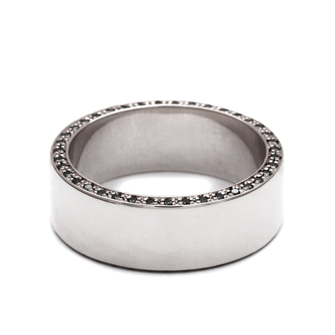 A 7mm flat band with black diamond accents around the band set in white gold., White Gold 4