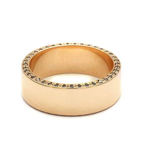 A 7mm flat band with black diamond accents around the band set in yellow gold., Yellow Gold 3