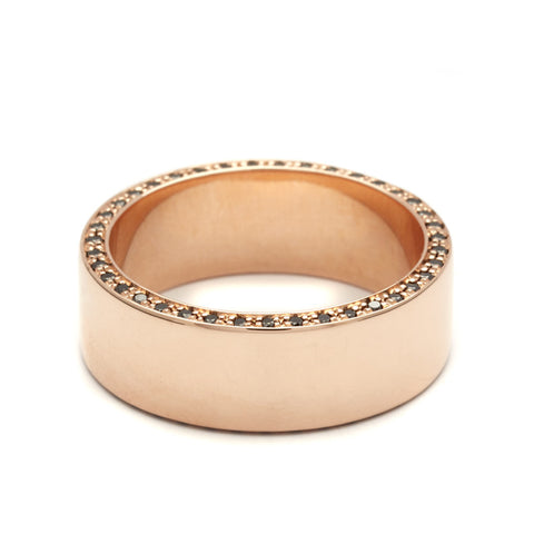 A 7mm flat band with black diamond accents around the band set in rose gold., Rose Gold