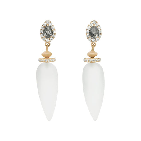 Luna Halo Pendulum Earrings - Yellow Gold, Frosted Quartz & Grey Diamonds