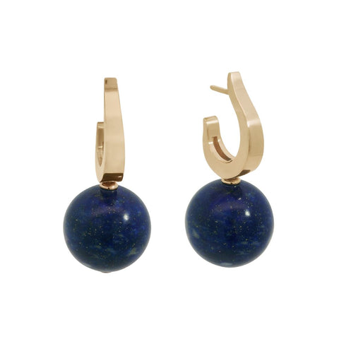 Yellow gold hook earrings featuring 14mm lapis beads on a white background