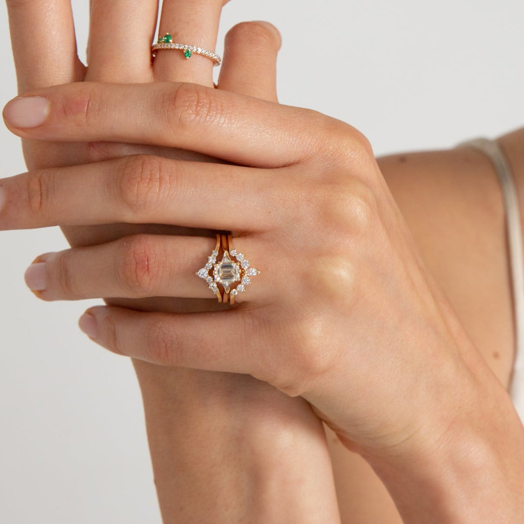 Celestine Tiara Band Suite on hand. Available in Yellow Gold, Rose Gold, White Gold.