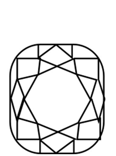 A black outline illustration of a cushion shaped diamond. A cushion shape has 58 facets