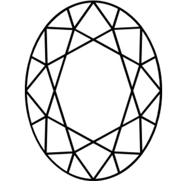 A black outline illustration of an oval shaped diamond. An oval shape can come in multiple cuts and number of facets.