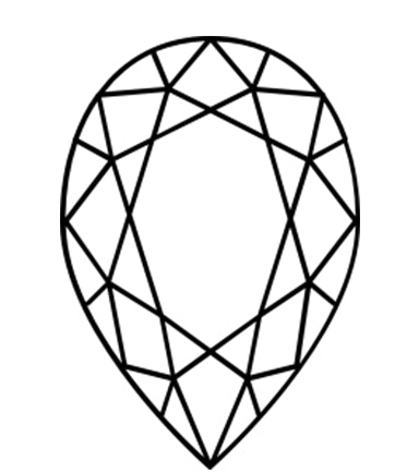 A black outline illustration of a pear shaped diamond. A pear shape can come in multiple cuts and number of facets.