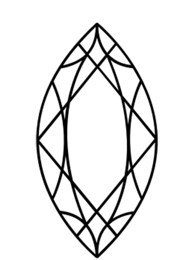 A black outline illustration of a marquise shaped diamond. A marquise shape can come in multiple cuts and number of facets