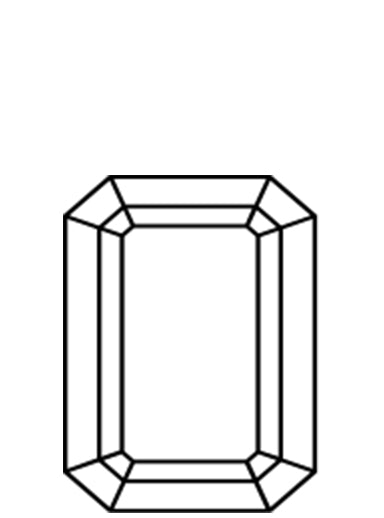 A black outline illustration of an emerald-cut diamond. An Emerald cut diamond has 57 facets.