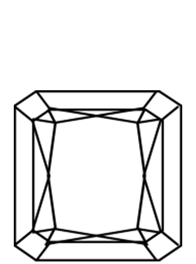 A black outline illustration of an radiant-cut diamond. A Radiant cut diamond has 70 facets.
