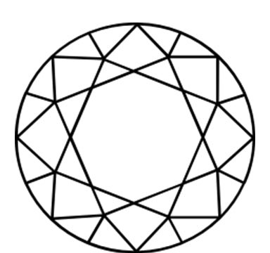 A black illustration of a round brilliant-cut diamond. A Round Brilliant cut diamond has 58 facets.