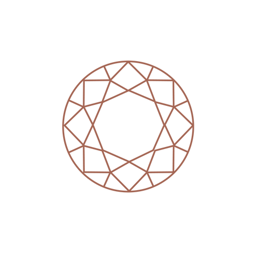 A terra-cotta colored illustration of a round brilliant-cut diamond. A Round Brilliant cut diamond has 58 facets.