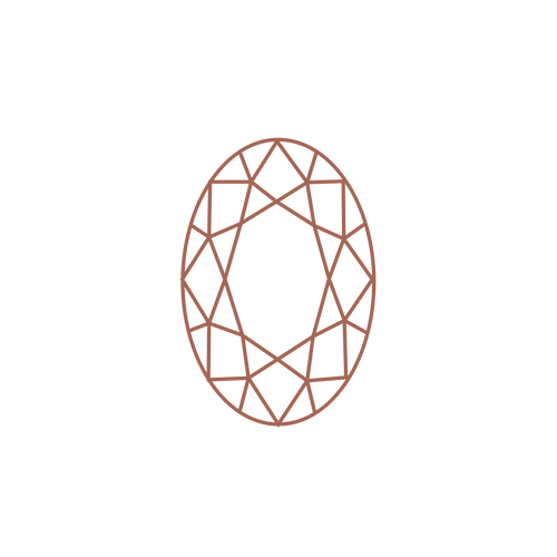 A terra-cotta colored outline illustration of an oval shaped diamond. An oval shape can come in multiple cuts and number of facets