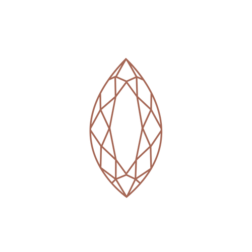 A terra-cotta colored outline illustration of a marquise shaped diamond. A marquise shape can come in multiple cuts and number of facets