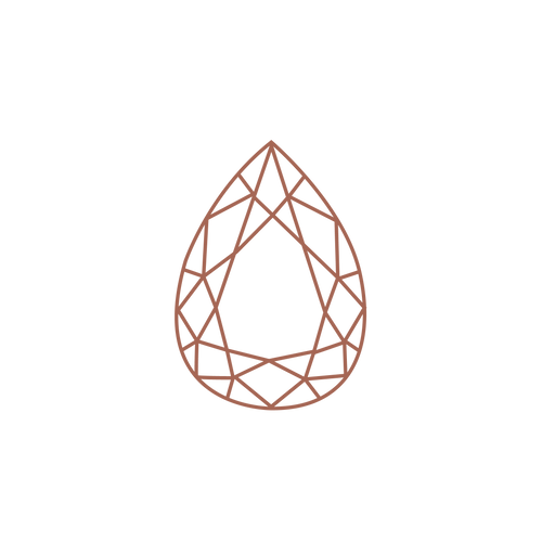 A terra-cotta colored outline illustration of a pear shaped diamond. A pear shape can come in multiple cuts and number of facets