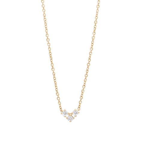 Zoomed out view of a 16" chain necklace with three white diamonds in the shape of an arrow at the base set in yellow gold., Yellow Gold 2