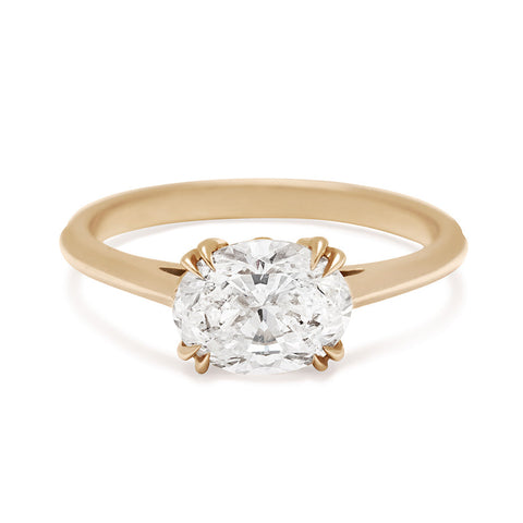 An east/west solitaire ring with an oval brilliant cut lab white diamond stone set in yellow gold., Yellow Gold