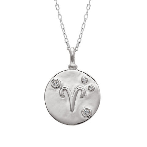 A 18mm charm with the Aries zodiac sign set in sterling silver with grey diamond stones on a sterling silver chain.