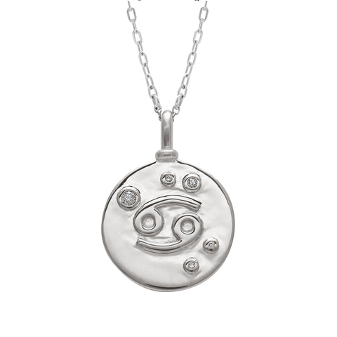 A 18mm charm with the Cancer zodiac sign set in sterling silver with grey diamond stones on a sterling silver chain.