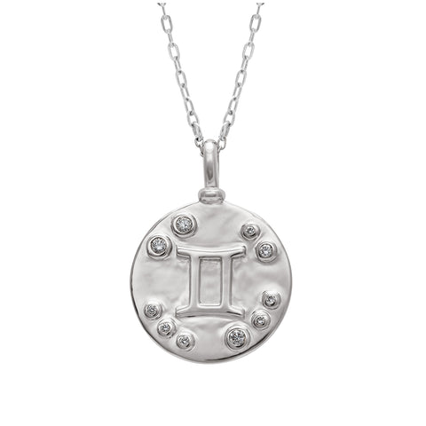 A 18mm charm with the Gemini zodiac sign set in sterling silver with grey diamond stones on a sterling silver chain.
