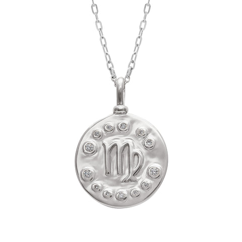 A 18mm charm with the Virgo zodiac sign set in sterling silver with grey diamond stones on a sterling silver chain.