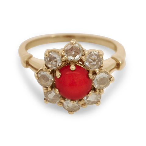 Round coral center with a rose cut white diamond halo, set in a 14k yellow gold basket and 14k recycled yellow gold shank., Yellow Gold