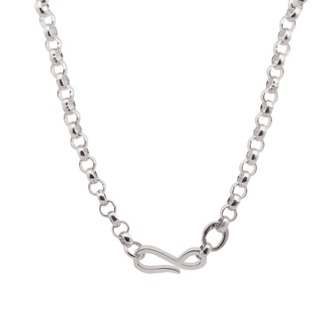 Silver rolo chain necklace with a large hook at the end on a white background