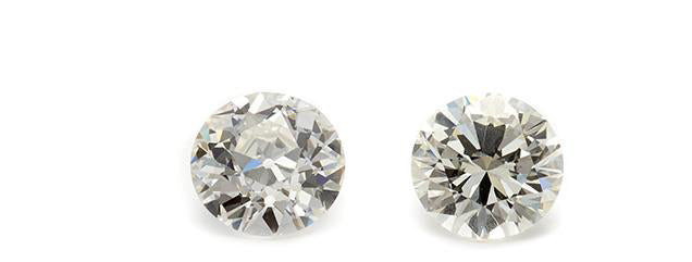 An image of two round white diamonds, one is a brilliant cut and the other is an old mine cut. The round brilliant cut has a slightly yellow tone.