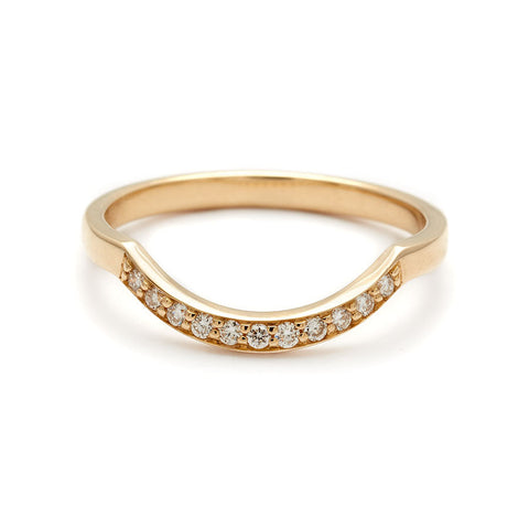 A diamond dusted curve band with white diamonds set in yellow gold., Yellow Gold
