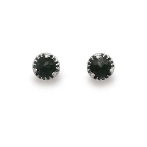 Pair of black gemstone stud earrings on a white background