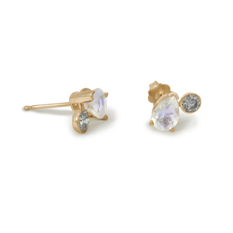 Gold earrings with pear shaped rainbow moonstones and grey diamonds on a white background 2