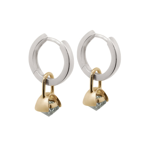 Pair of silver hoop earrings with gold drop details featuring inverted black rutile quartz on a white background 3