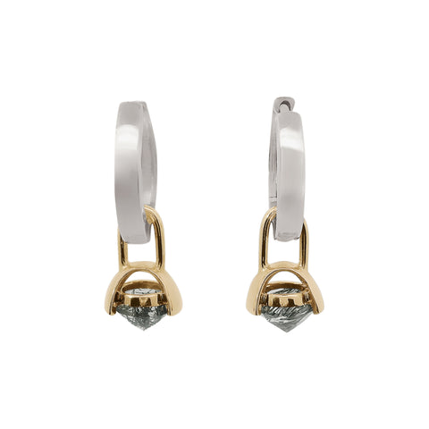 Pair of silver hoop earrings with gold drop details featuring inverted black rutile quartz on a white background