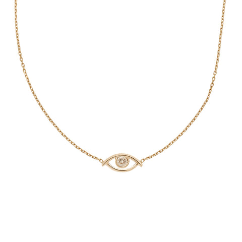 A choker with an evil eye charm with a champagne diamond in the center set on a yellow gold chain.