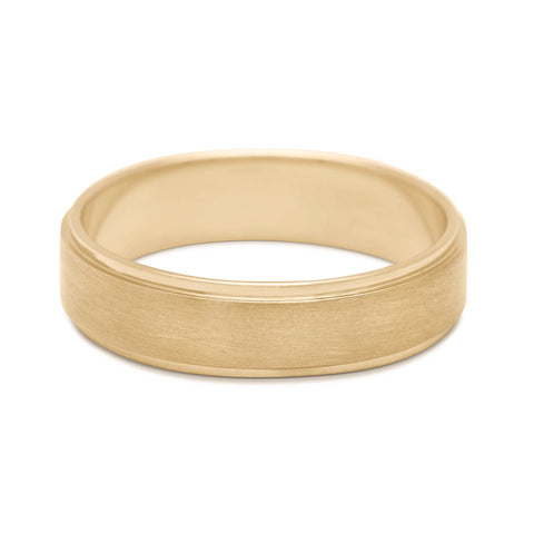 A 5mm flat edge band with brushed finished set in yellow gold., Yellow Gold 7