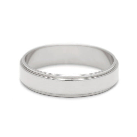 A 4mm flat edge band set in white gold., White Gold 13