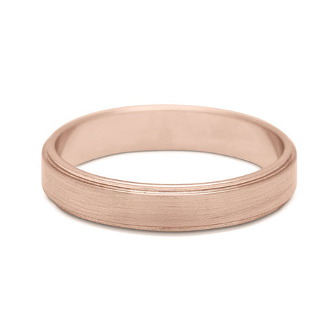 A 4mm flat edge band with a brushed finish set in rose gold., Rose Gold 14